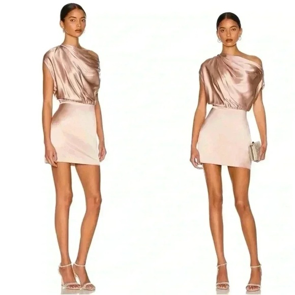 The Sei 100% Silk Draped One-Shoulder Mini Dress Champagne Pink Size 6 $747 - Picture 1 of 15